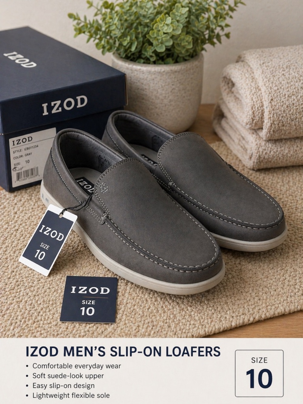 Izod Men's Gray Slip-On Loafers with White Trim